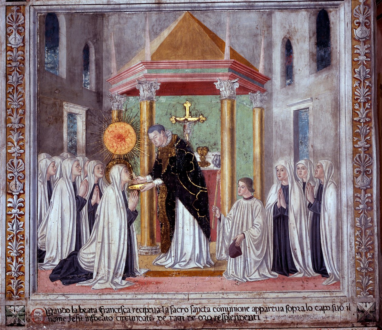 Vida de Santa Francisca Romana :Quando a santa recebia a Comunhão, uma esfera brilhante aparecia por cima dela (Fresco de Antoniazzo Romano