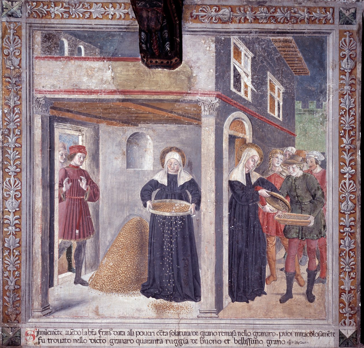 Vida de Santa Francisca Romana : durante uma grave fome em 1402, Francesca dá todo o seu grão aos pobres (Fresco de Antoniazzo Romano
