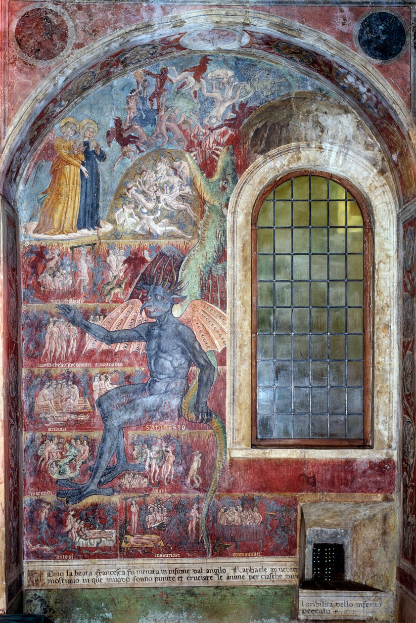 Representação do inferno, o diabo senta-se entre os diferentes círculos de represas (Fresco de Antoniazzo Romano