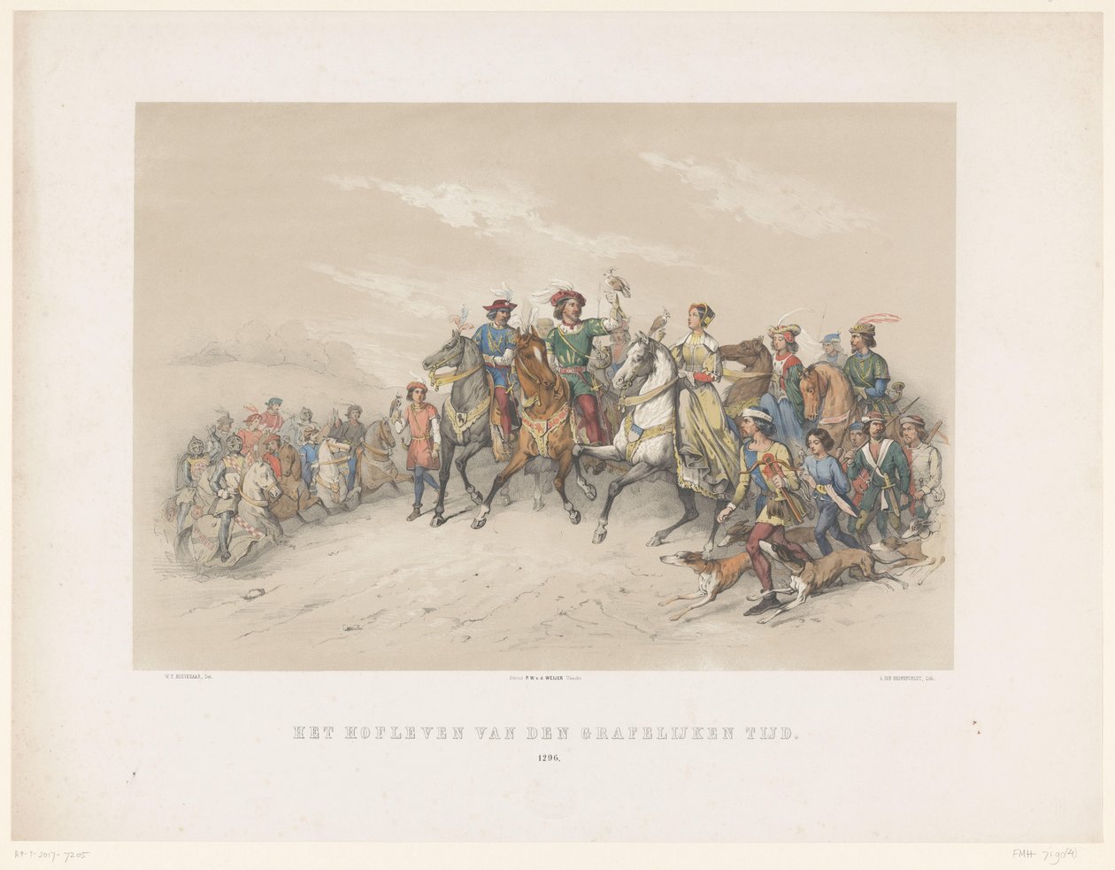 Máscara de Utrecht de 1851: vida na corte em 1296 A vida da corte da idade do conde. 1296 (título no objeto) A História Nacional. desde os primeiros tempos até o final do século XVII, em oito cenas, apresentadas em figurino por H.H. Dtudente de Antonie Johannes Groeneveldt