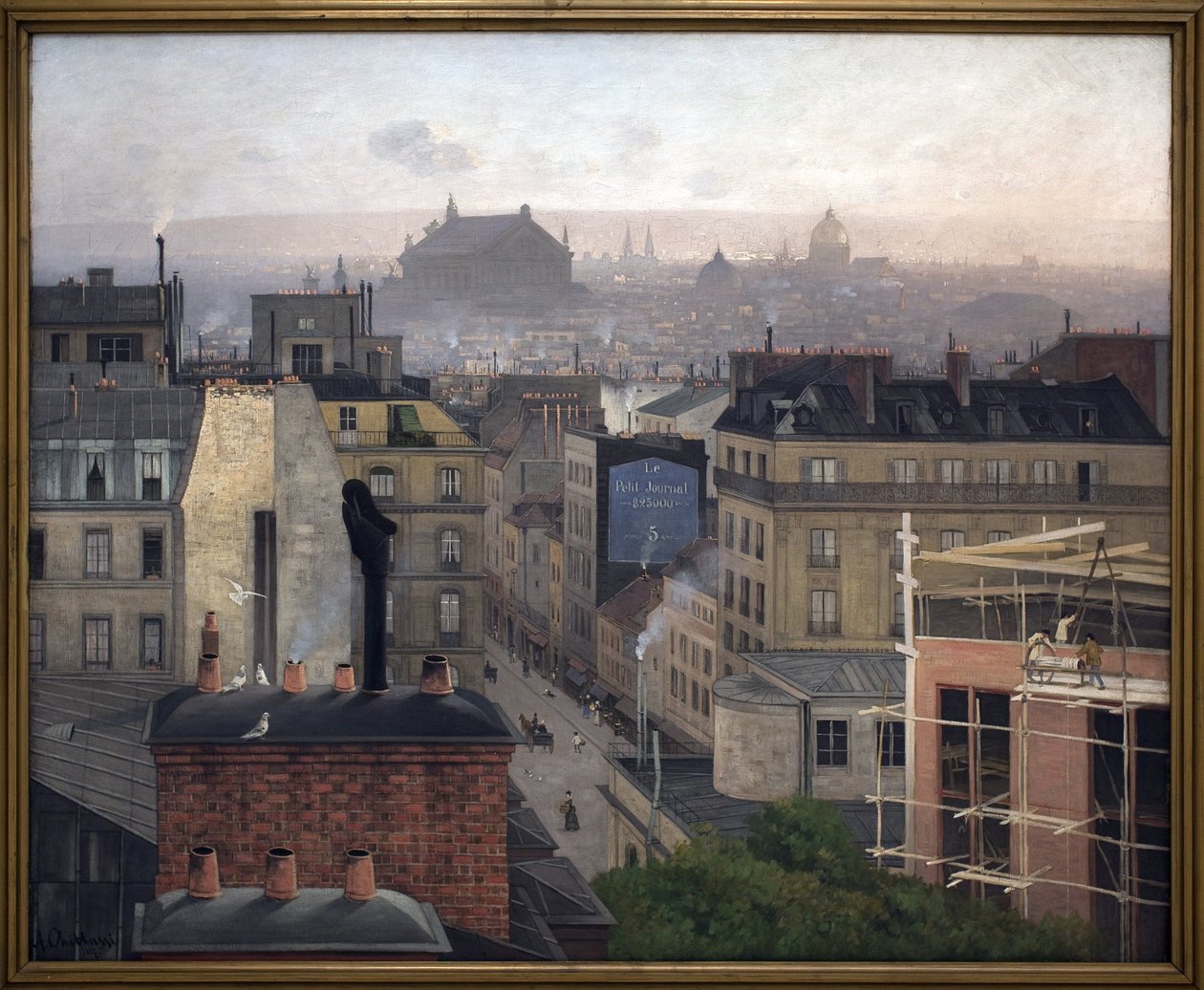 Paris vista de Montmartre. Na parede de um dos edifícios, um anúncio do "The Little Newspaper". Pintura de Antonin Chitussi (Chittussi) (1847-1891), óleo sobre tela de Antonin Chittussi