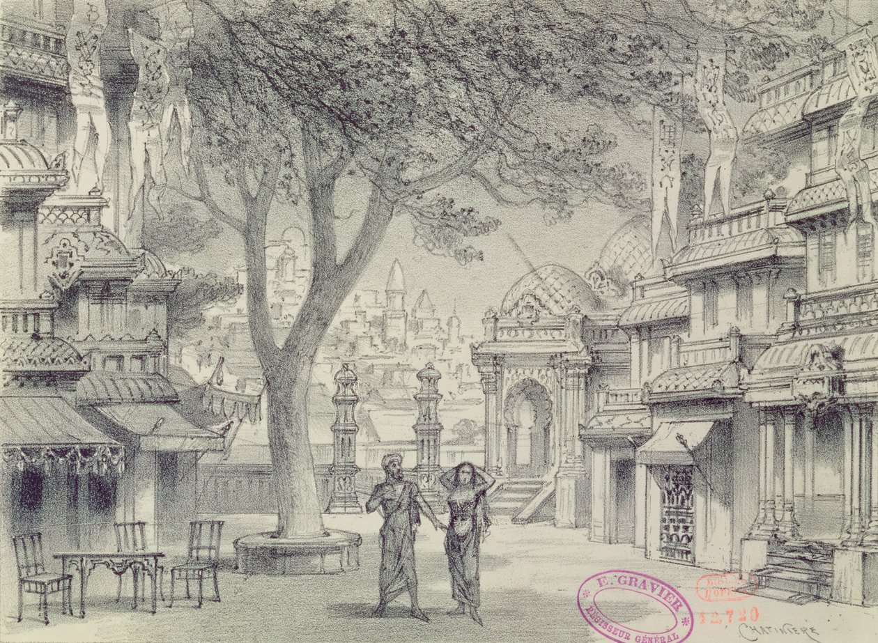 Cenário para o Ato II da ópera Lakme, de Leo Delibes (1836-91) de Antonin Marie Chatiniere