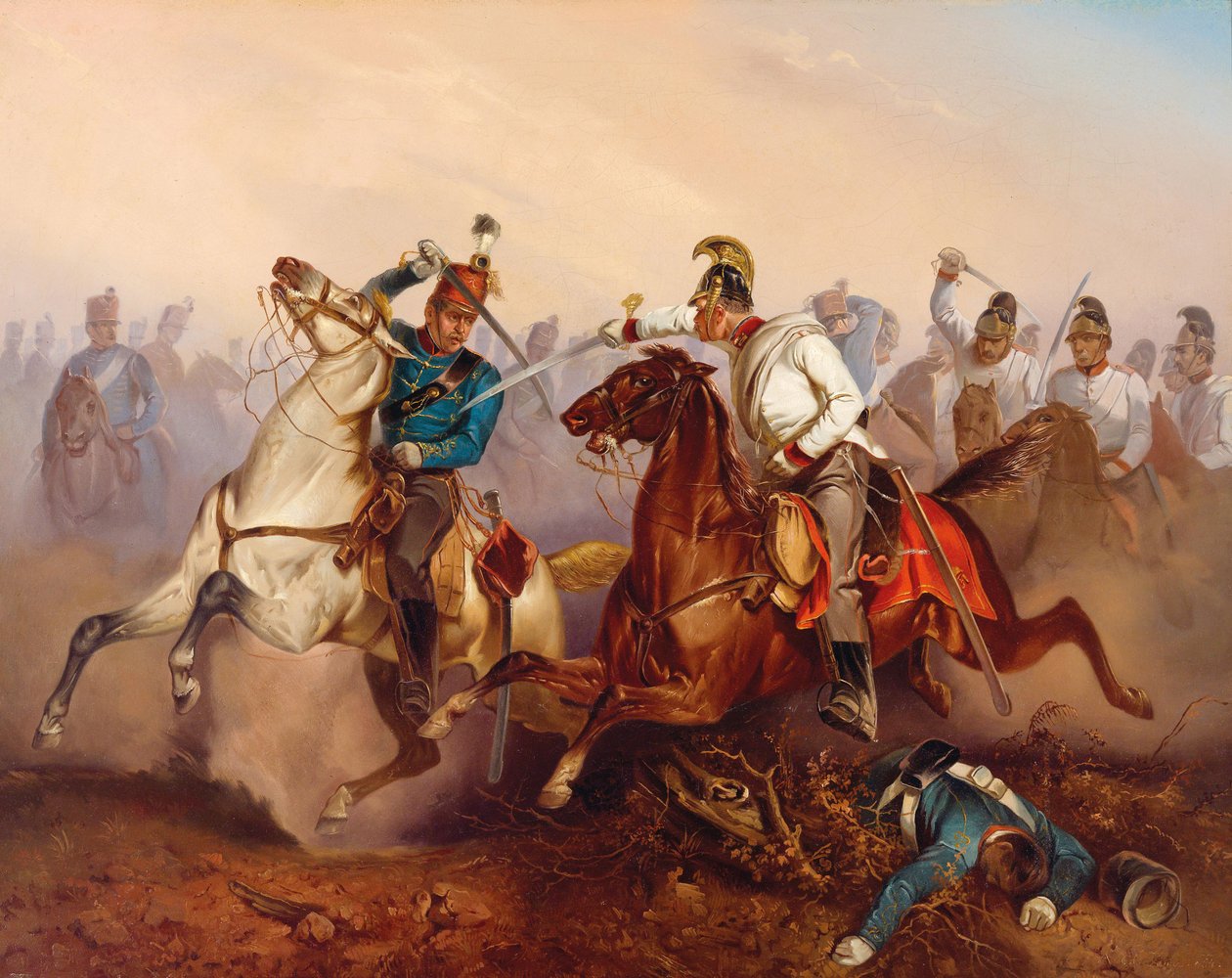 Combate entre Dragões Imperiais Austríacos e Húngaros Honvéd Hussars….Hungria em 1849, 1854. de Antonin Zimmer