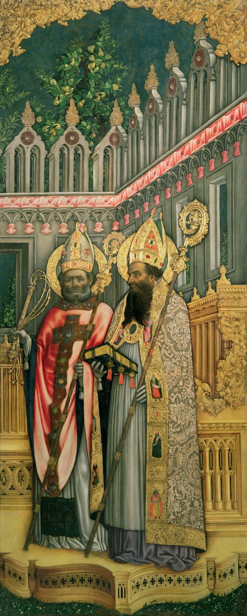 Santo Ambrósio e Santo Agostinho, painel direito da Virgem, entronizado com os santos Jerônimo, Gregório, Ambrósio e Agostinho, 1446 (pós-restauração) (ver 160893-99) de Antonio Vivarini
