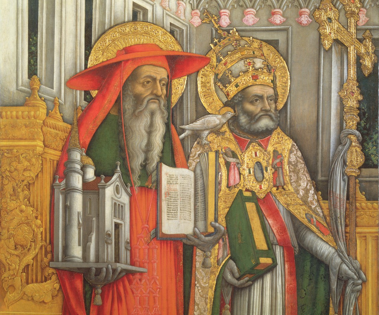 São Jerônimo e São Gregório, detalhe do painel esquerdo da Virgem Enthroned com os Santos Jerônimo, Gregório, Ambrósio e Agostinho, 1446 (pós restauração) (ver 160893-99) de Antonio Vivarini