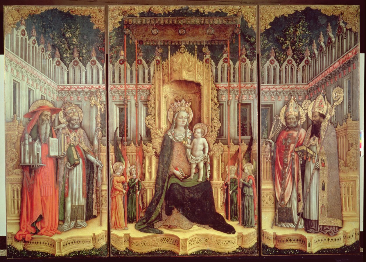 A Virgem Entronizada com os Santos Jerônimo, Gregório, Ambrósio e Agostinho, 1446 de Antonio Vivarini