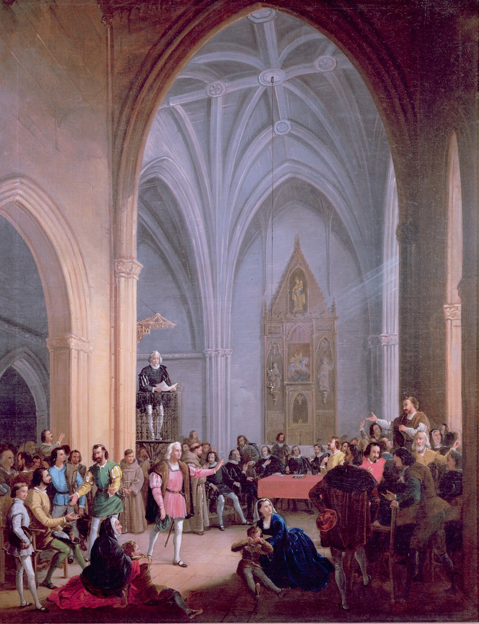A carta dos Reis Católicos ordenando que os habitantes de Palos forneçam dois navios para Cristóvão Colombo é lida do púlpito da Igreja de S. Jorge em 23 de maio de 1492. de Antonio Cabral Bejarano