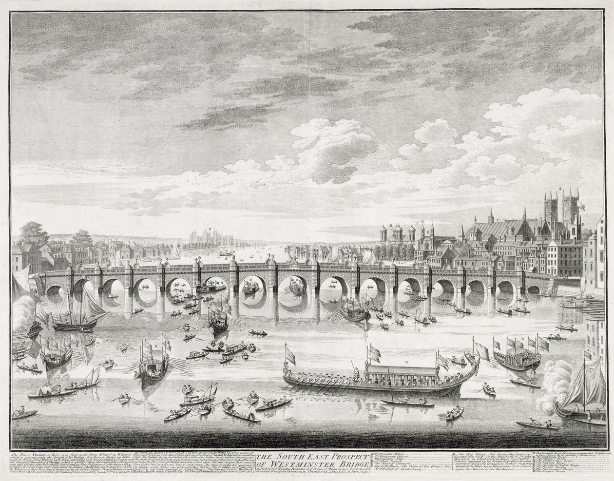 A perspectiva do sudeste da ponte de Westminster - barcos que chegam ao Parlamento para o juramento de Sir John Barnard (1685-1764) como Lord Mayor da cidade de Londres, 1747, gravado por R. Parr (1723-p. de Giovanni Antonio Canal