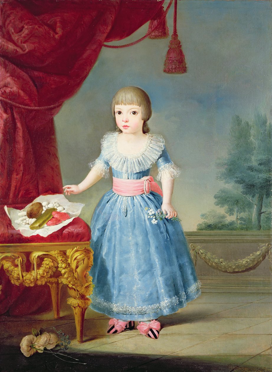 Menina em um vestido azul por uma mesa de doces de Antonio Carnicero