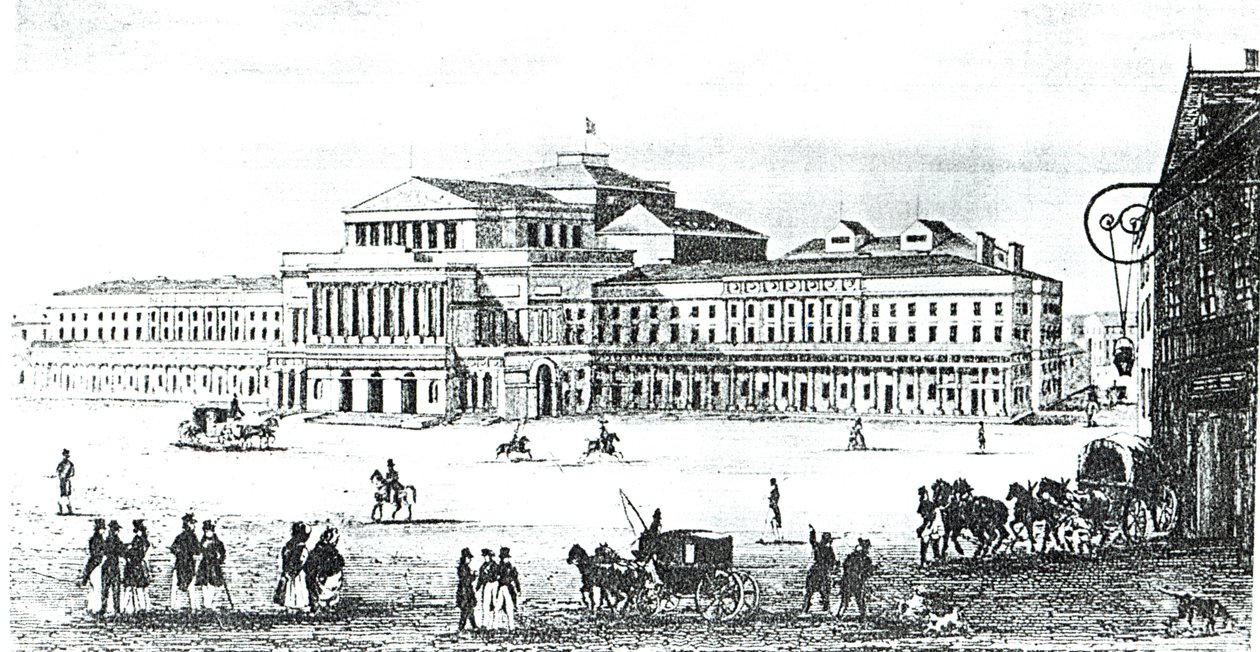 Vista do Grande Teatro de Varsóvia, gravado por Adam Pilinski (1810-1887) de Antonio Corazzi