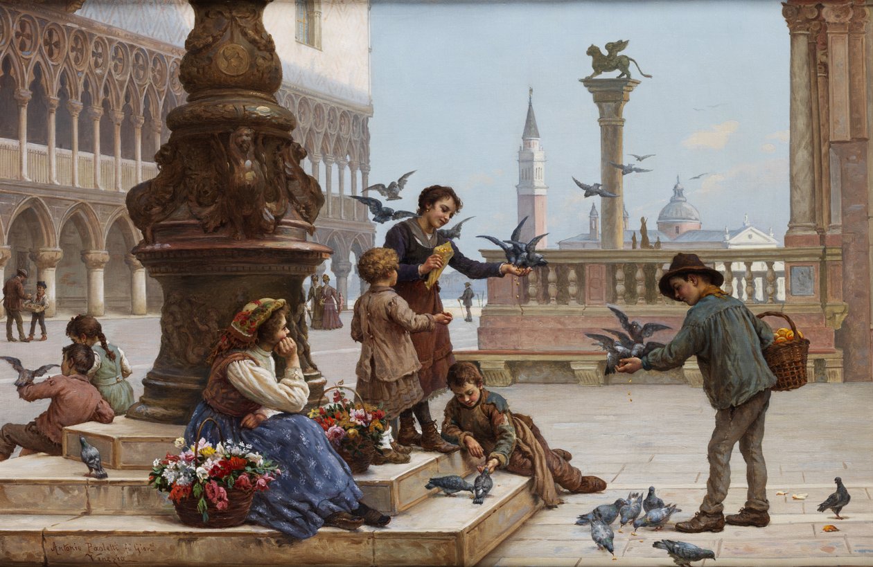 Pombos alimentando crianças em Veneza de Antonio Ermolao Paoletti