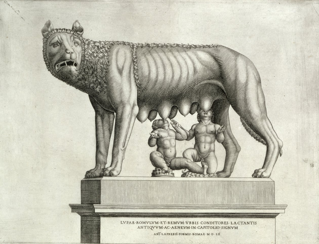 Desenho do bronze etrusco da loba amamentando Rômulo e Remo, séc. V aC, no Museu Capitolino, 1552 de Antonio Lafreri