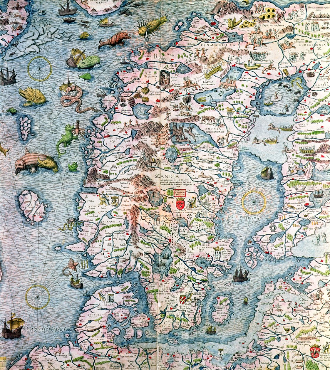 Escandinávia, detalhe da Carta Marina da Olaus Magnus, 1572 de Antonio Lafreri