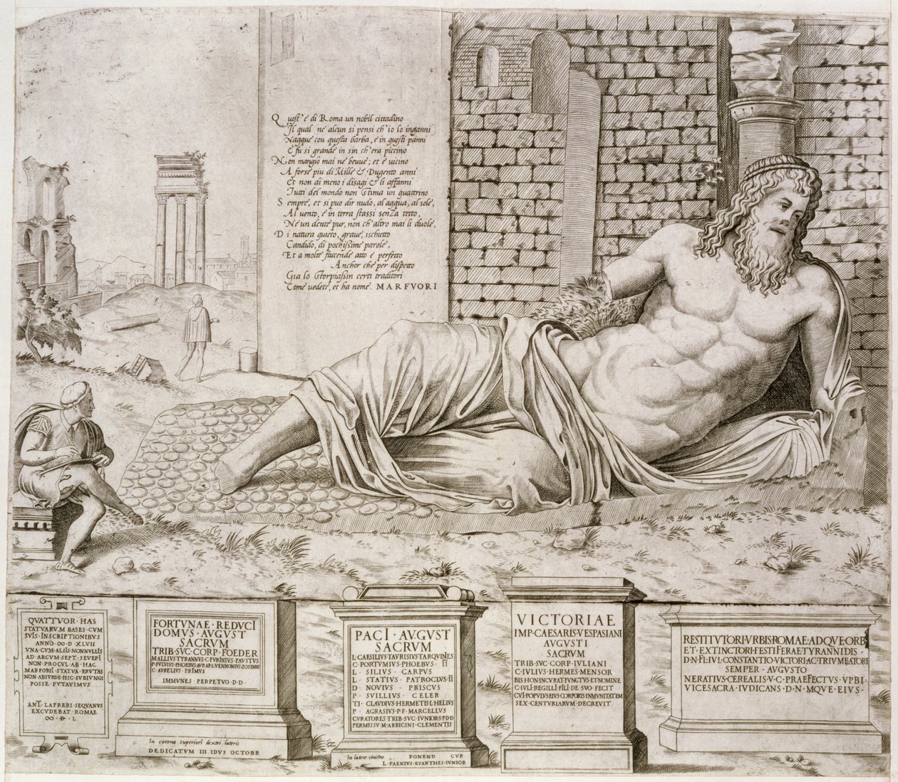 A estátua &39;falando&39; de Marforio em Roma, gravada pelo artista, 1550 de Antonio Lafreri