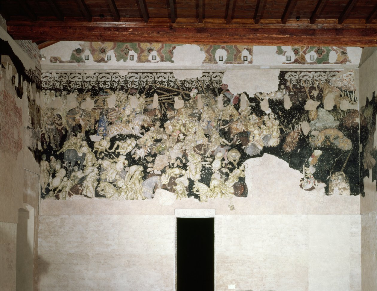 Torneio de batalha, com a gola Lancastrian SS com flores de calêndula, emblema da família Gonzaga, no friso acima, fragmento de pintura mural da Sala del Pisanello (antiga Sala dei Pr de Antonio Pisanello