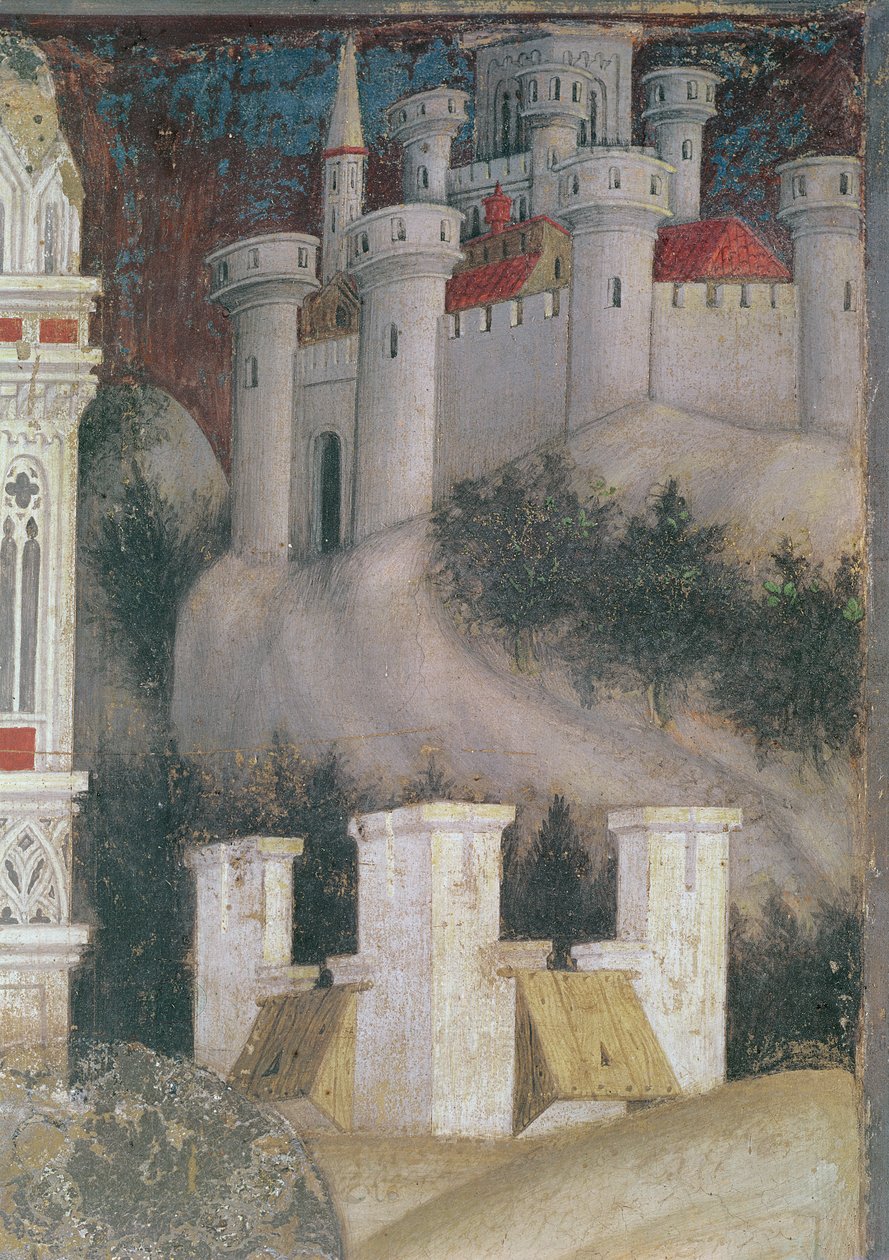 Detalhe da arquitetura à direita de São Jorge e a Princesa de Trebizond, c.1433-38 (detalhe de 60797) de Antonio Pisanello