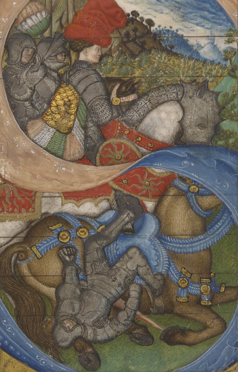 S inicial e a conversão de Saint Paul Ms 41, c.1440-50 (têmpera, folha de ouro e prata e tinta em pergaminho) de Antonio Pisanello