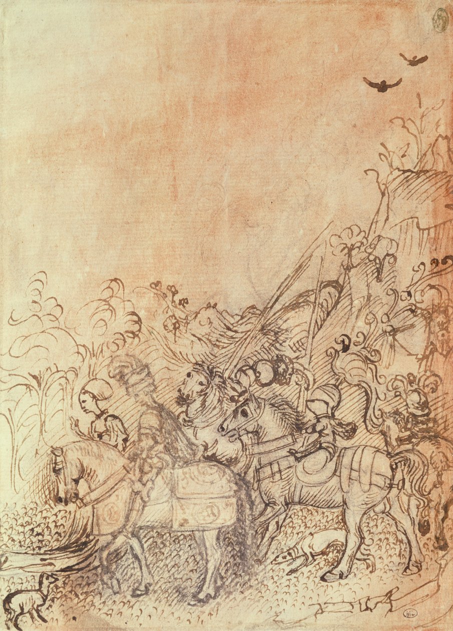 John de Gonzague e seus cortesãos em uma paisagem montanhosa, do Álbum Vallardi de Antonio Pisanello