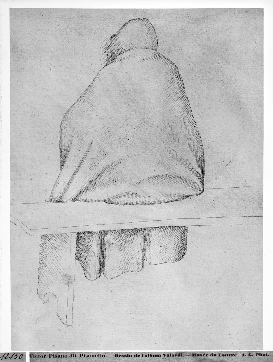Monk sentado em um banco, visto por trás, do The Vallardi Album de Antonio Pisanello