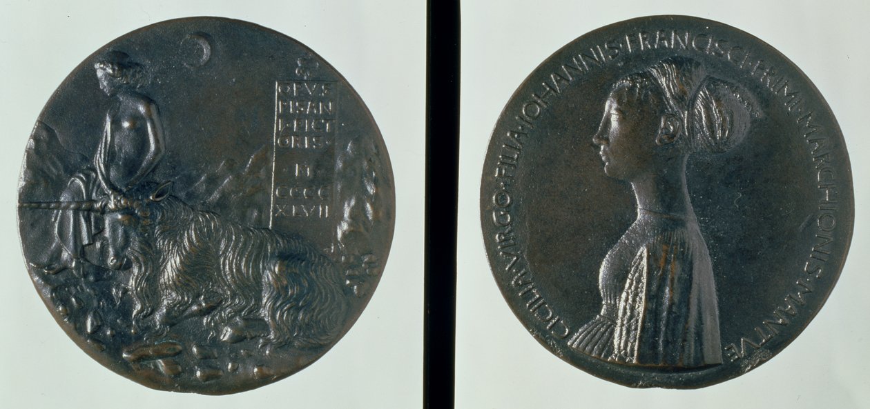 Medalha de retrato, anverso representando Cecilia Gonzaga, invertendo retratando uma figura feminina e unicórnio, 1447 (bronze) de Antonio Pisanello