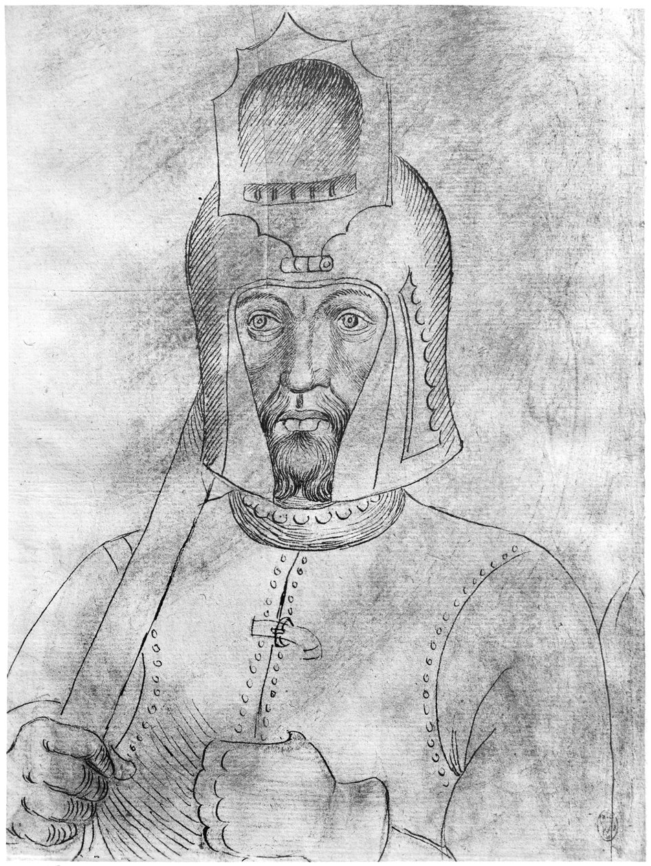Soldado usando um capacete visado, do The Vallardi Album de Antonio Pisanello