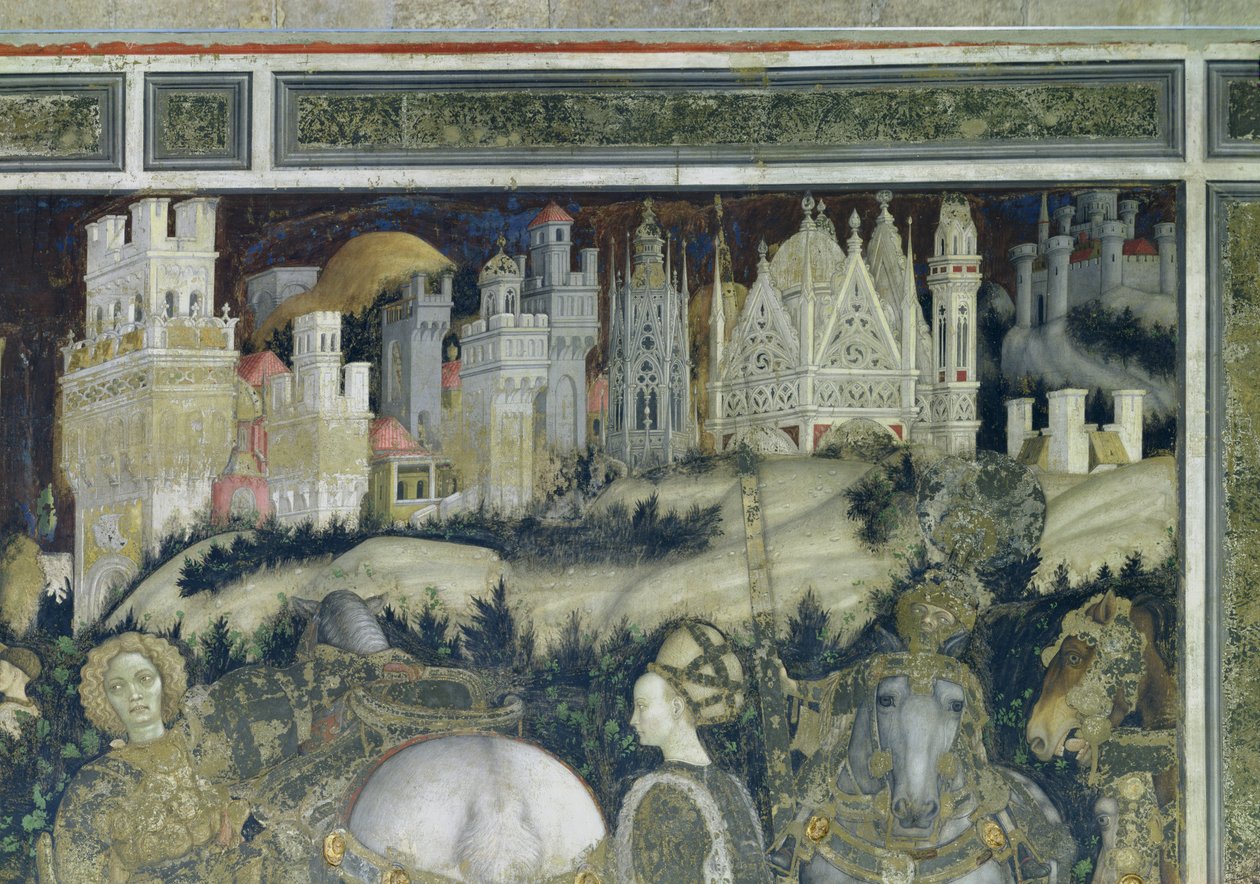 São Jorge e a princesa de Trebizond, detalhe da cidade ao fundo, c.1433-38 de Antonio Pisanello