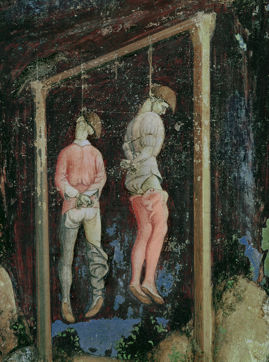 São Jorge e a Princesa de Trebizond, detalhe de dois homens pendurados do lado esquerdo, c.1433-38 de Antonio Pisanello