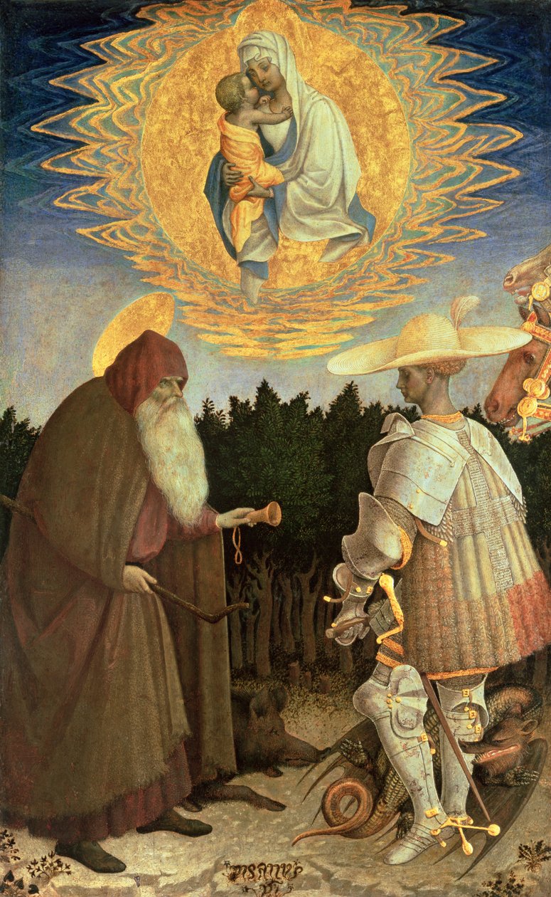 A Virgem e o Menino com São Jorge e Santo Antão, o Abade (tempera de ovo em choupo) de Antonio Pisanello