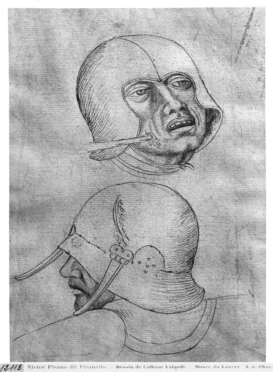 Duas cabeças de soldados usando capacetes, do Álbum The Vallardi de Antonio Pisanello