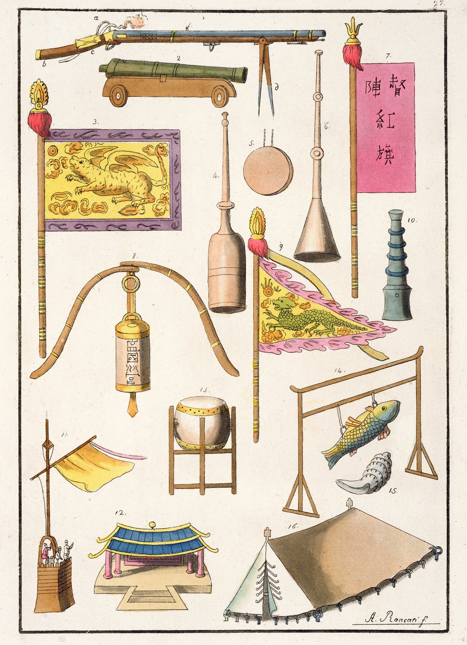 Equipamento militar chinês, ilustração de &39;Le Costume Ancien et Moderne&39; por Giulio Ferrario, publicado c.1820s-30s de Antonio Rancati