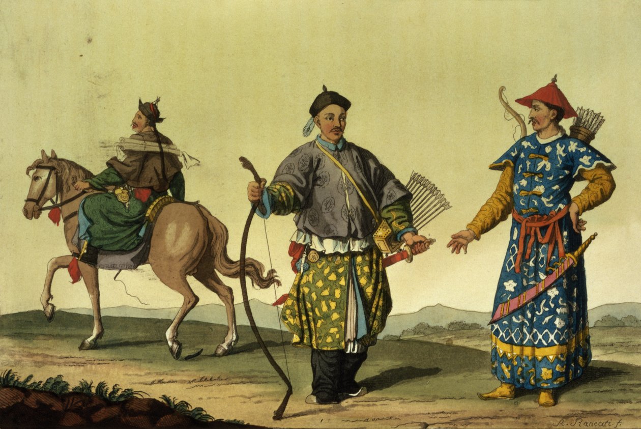 Oito soldados da Mongólia Bandeiras das forças militares do Ching, gravadas por A. Rancati (gravura a cores) de Antonio Rancati