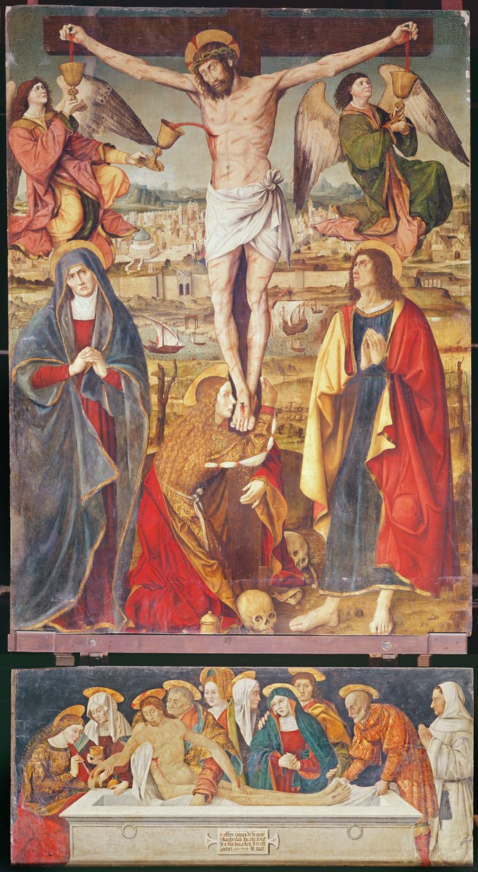 Crucificação e Entombment, painel central do Retábulo da Paixão, 1517-20 (têmpera no painel) de Antonio Ronzen