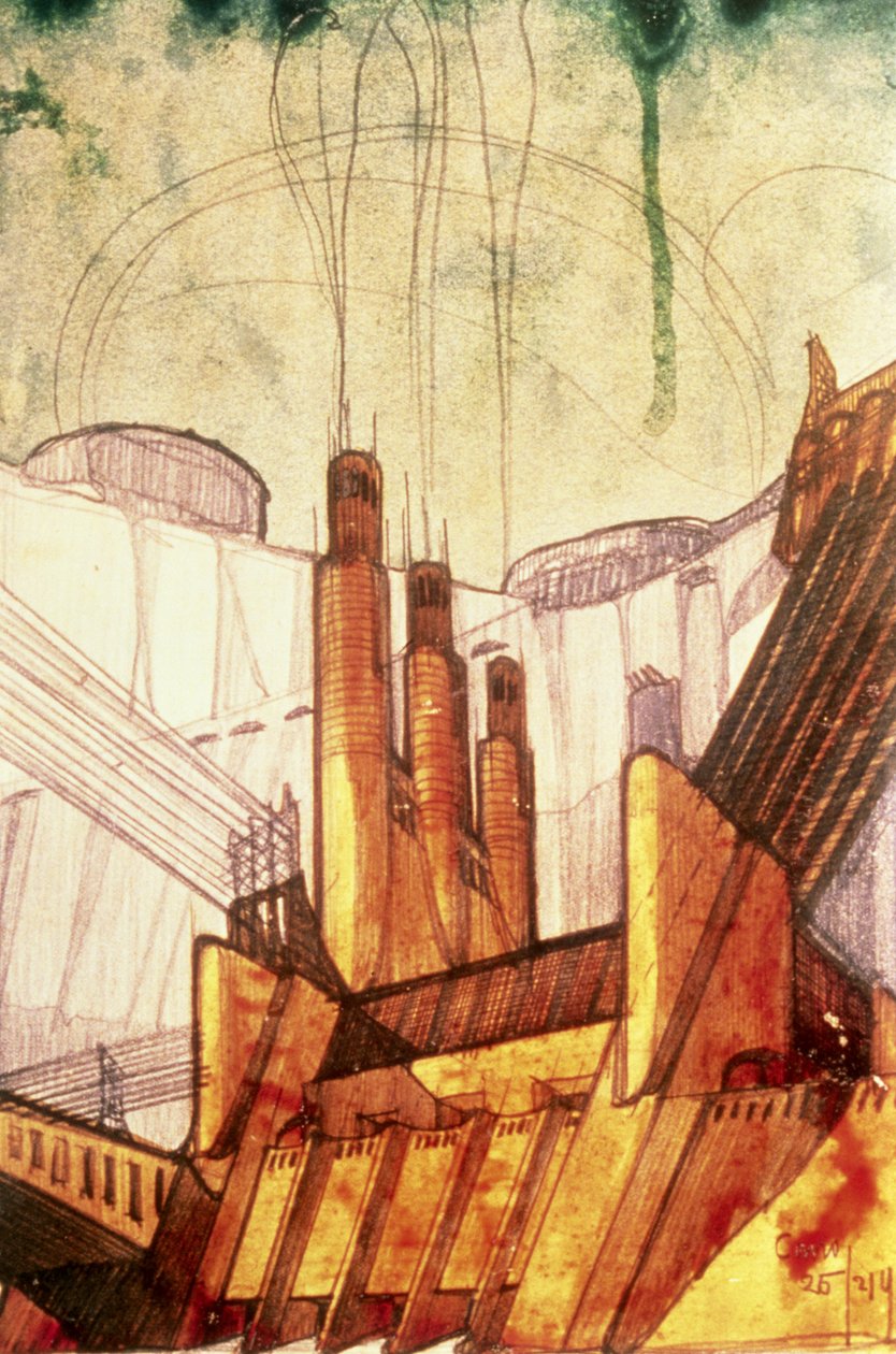 Usina Elétrica, 1914 (caneta e tinta, lápis, no papel) de Antonio SantElia