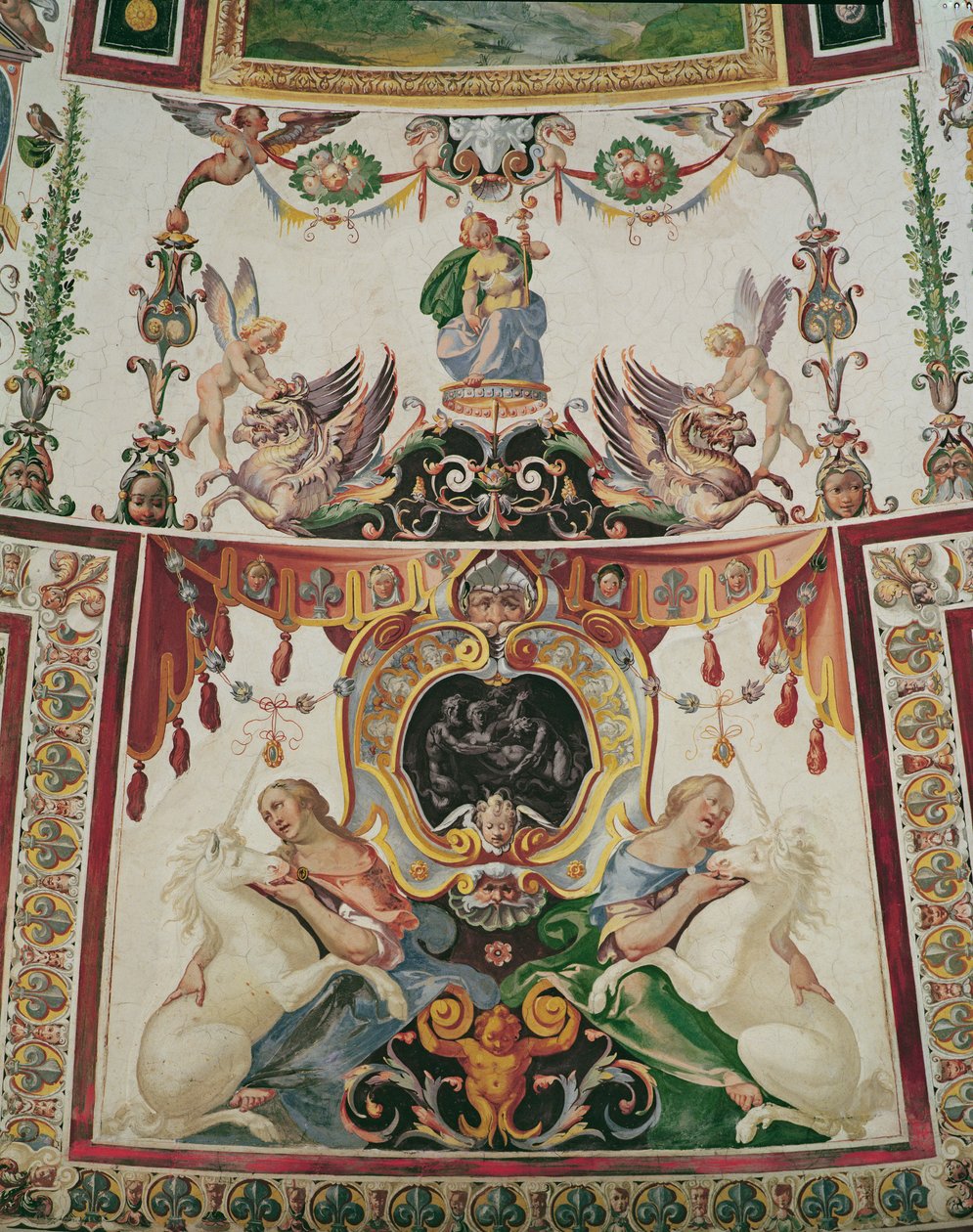 Detalhe da decoração do Scala Regia mostrando grifos, unicórnios e figuras alegóricas afresco de Antonio Tempesta