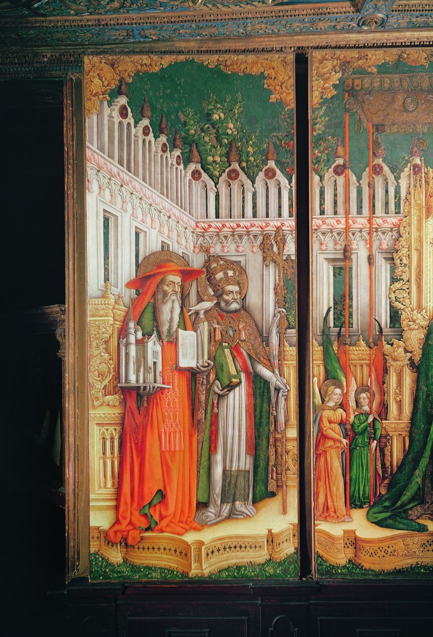 Tríptico da Virgem e Criança cercado por santos, detalhe do painel esquerdo mostrando São Jerônimo e São Gregório, 1446 (têmpera sobre tela) de Antonio Vivarini