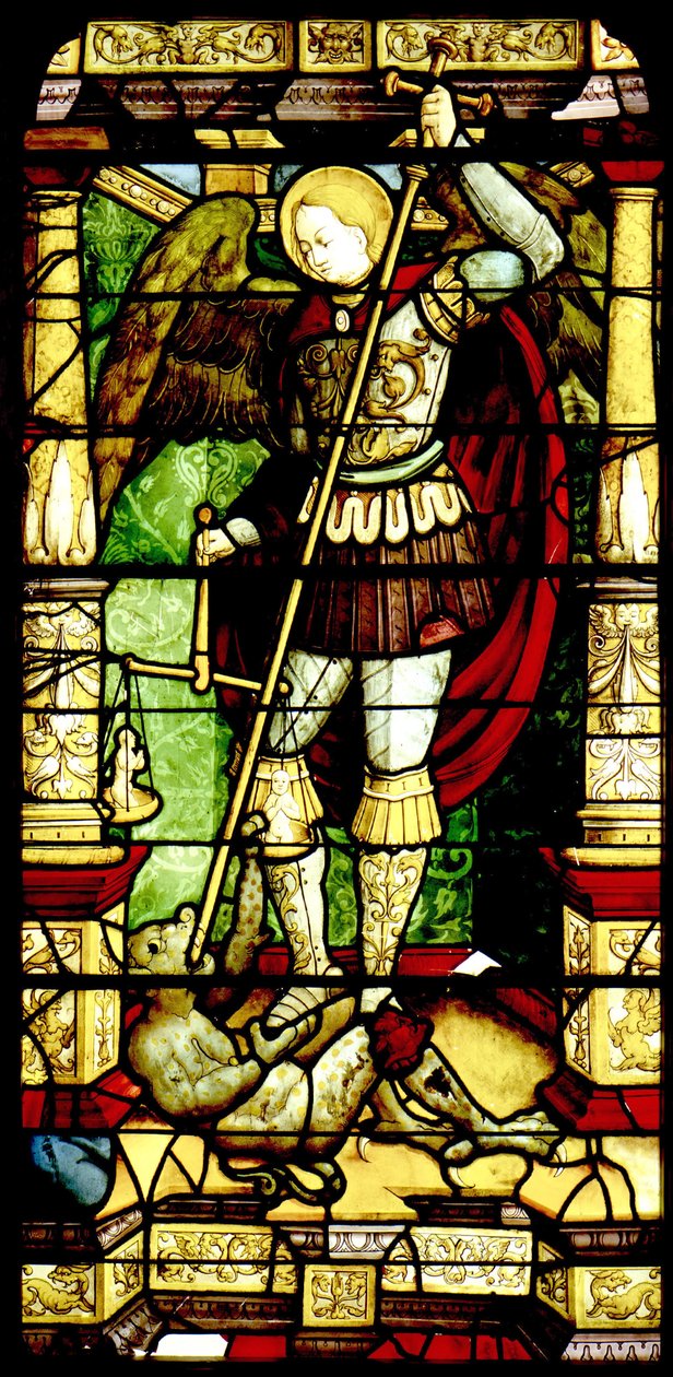 Vitral com o St. Michael Weighing Souls de Antonio da Pandino
