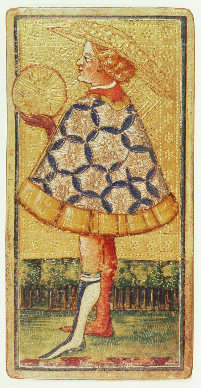 A página de moedas, a partir de um pacote de cartas de tarô (guache e dourado no cartão) de Antonio Cicognara
