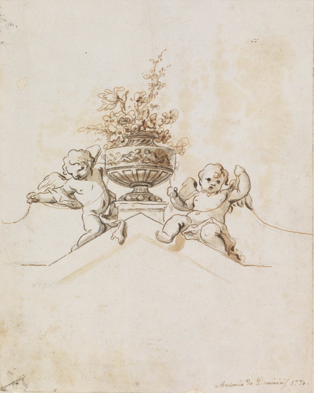 Estudo para uma decoração de parede pintada - dois Putti ao lado de um vaso com flores de Antonio di Dominici