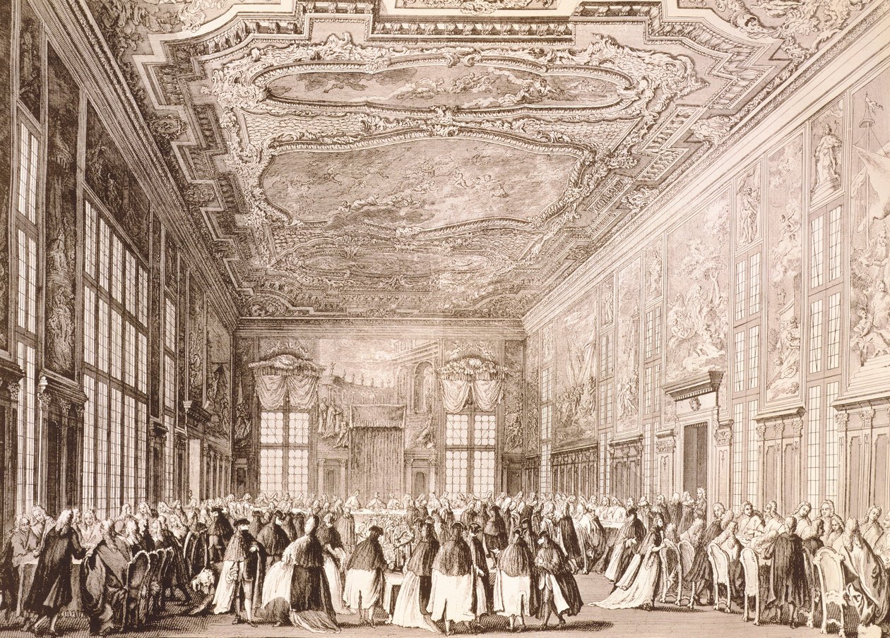 Partido Ducal, banquete dado pelo Doge de Veneza em homenagem aos representantes das delegações estrangeiras de Antonio (after) Canaletto