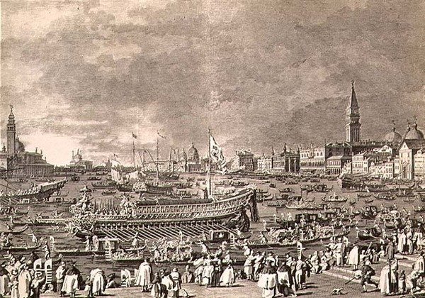O Desembarque do Doge no Bucintoro para o Casamento com o Mar, gravado por Giovanni Battista Brustolon (1712-96) (gravura) de Antonio (after) Canaletto