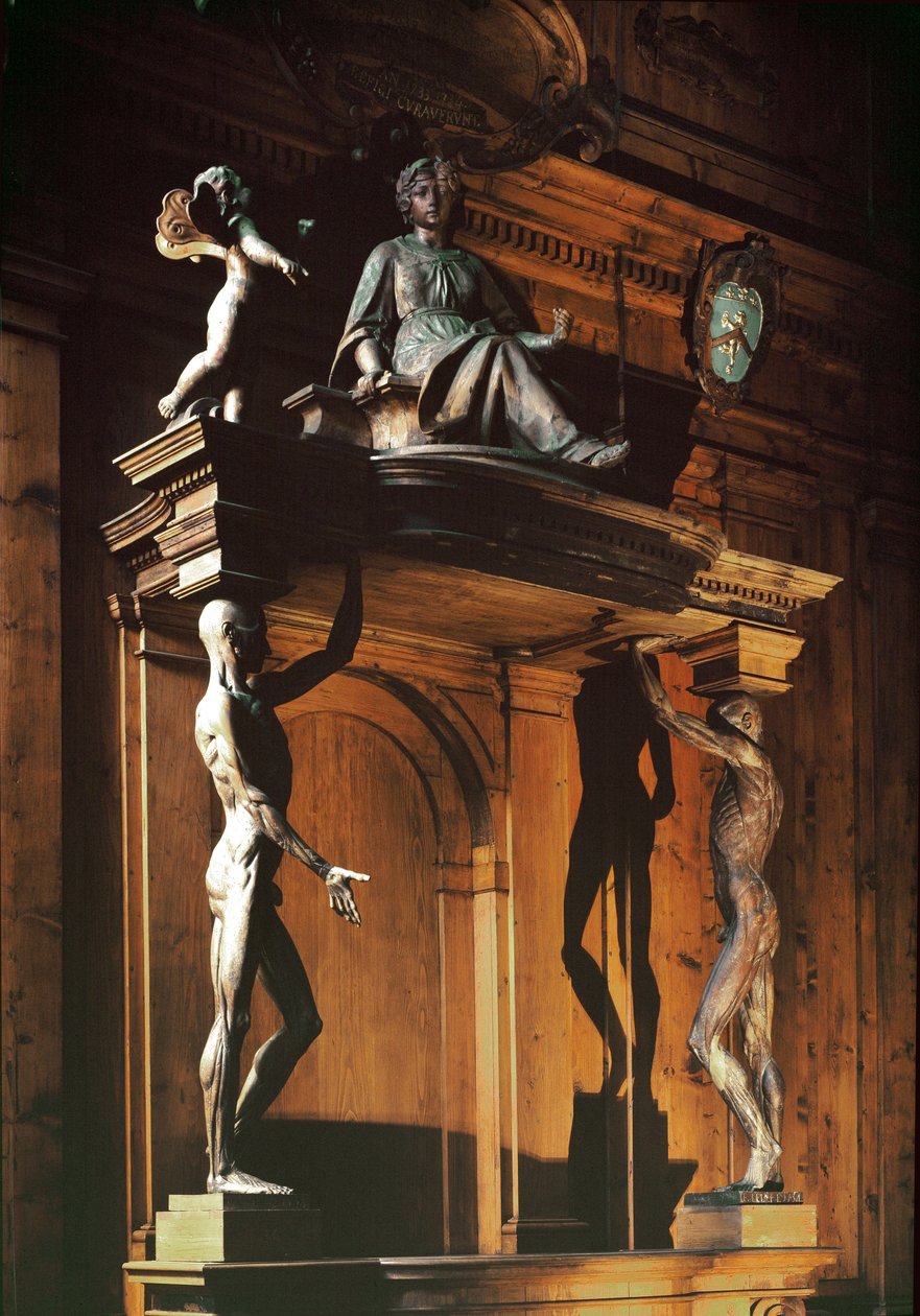 Estátuas de dois homens nus e sem pele, conhecidos como gli spellati (os esfolados), teatro anatómico de Antonio (d.1663) Paolucci