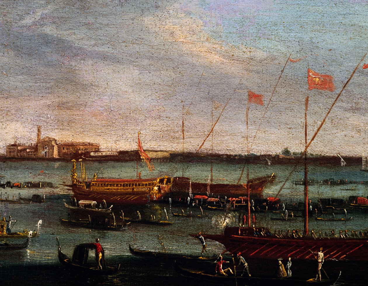 O Bucentauro (cozinha estatal dos doges de Veneza) no Lido de Veneza, óleo sobre tela, Escola de Canaletto, Itália de Antonio (studio of) Canaletto