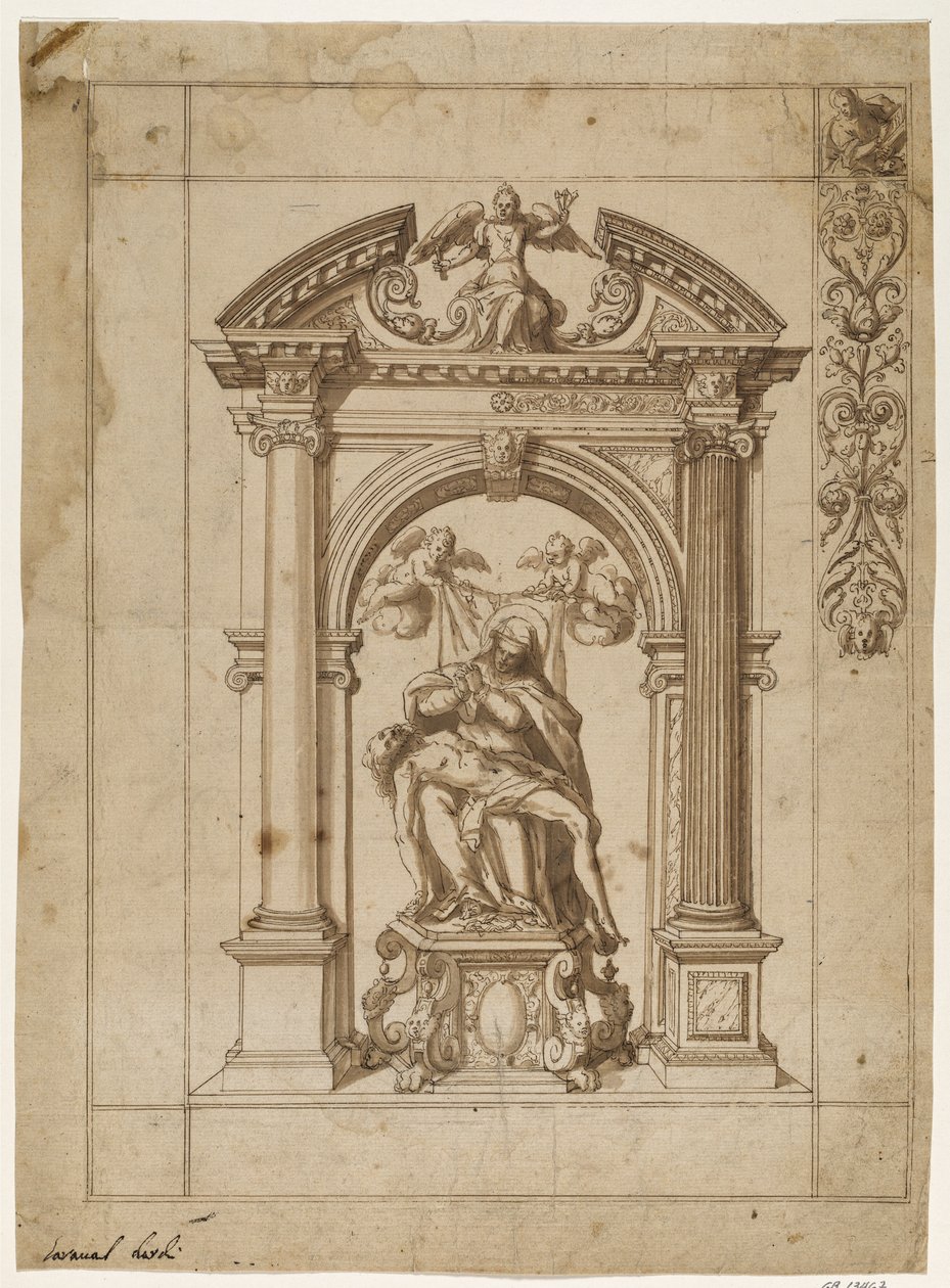 Projeto para uma bandeira processional com uma Pietà sob uma elaborada arquitetura de altar na forma de um arco triunfal e parte do desenho da borda no canto superior direito de Antonio Aliense