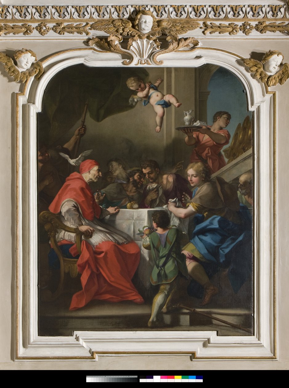 "Santo Gregoire, o Grande, numa mesa com Jesus disfarçado de pelerin" Perto do Papa, a pomba do Espírito Santo (Espírito Santo) 1729-1731 (pintura) de Antonio Balestra