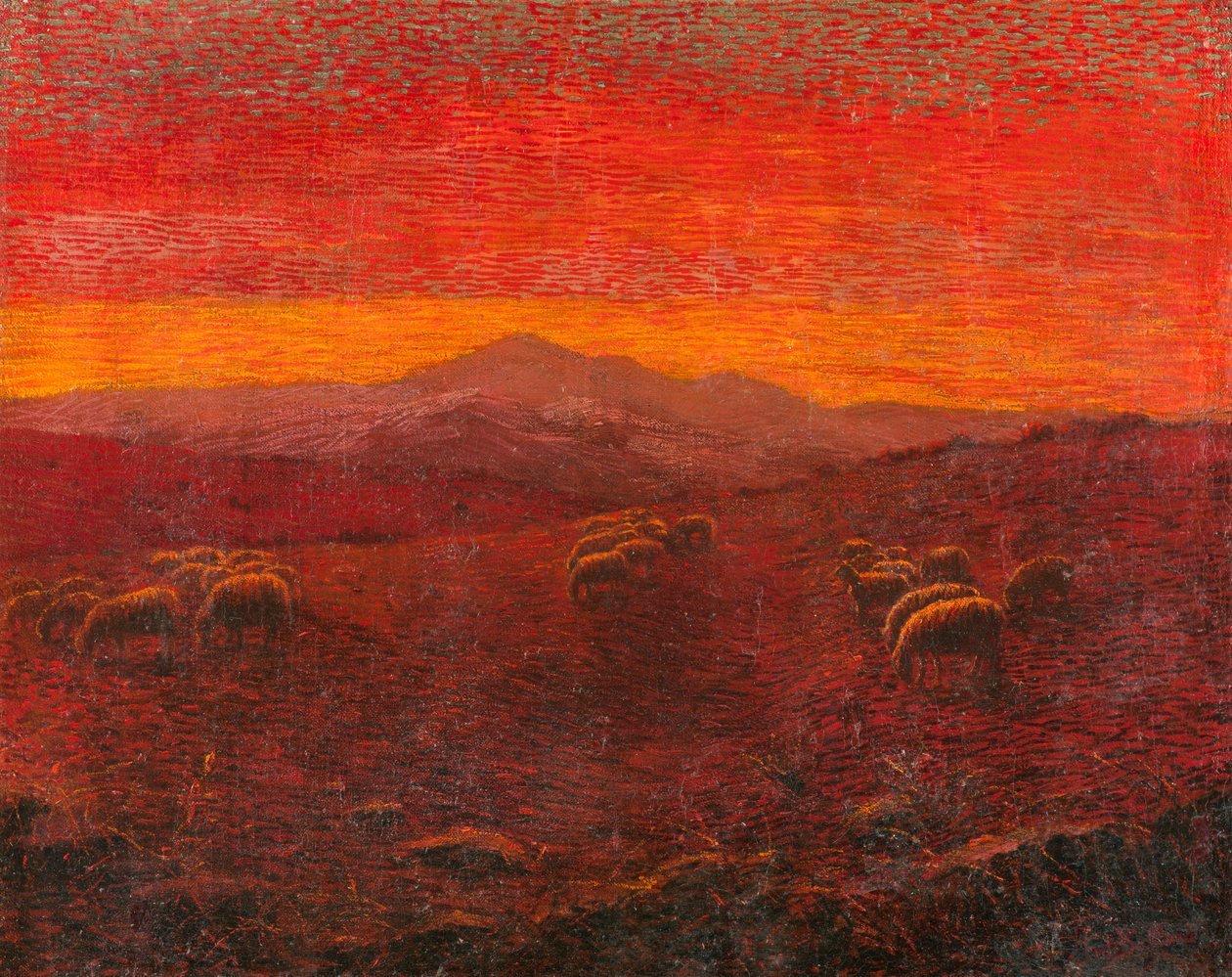 Paisagem com um Rebanho (óleo sobre papel no painel) de Antonio Ballero