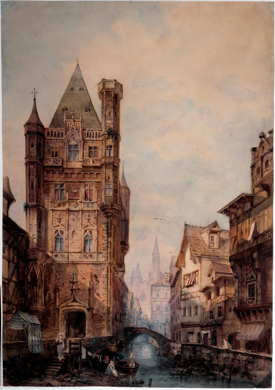 Vista de um canal numa cidade normanda Watercolour de Antonio Bernasconi (século XIX) Dim 85x75 cm Genes, Galleria d