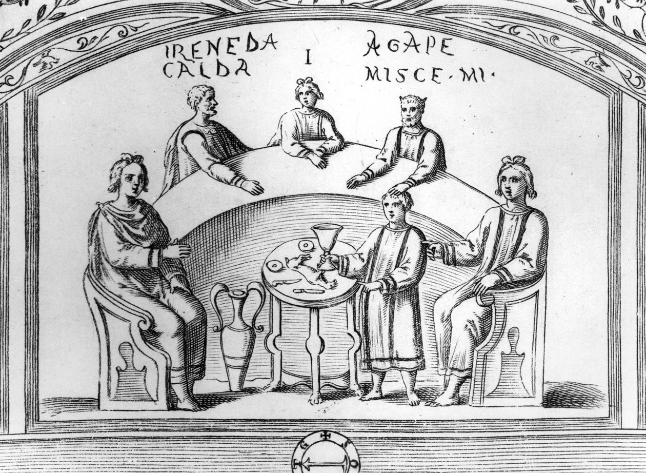 Cena de banquete de um afresco catacumba cristã em Roma, ilustração de &39;Roma Sotterranea&39; por Antonio Bossi, publicado em Roma em 1632 (gravura em madeira) de Antonio Bosio