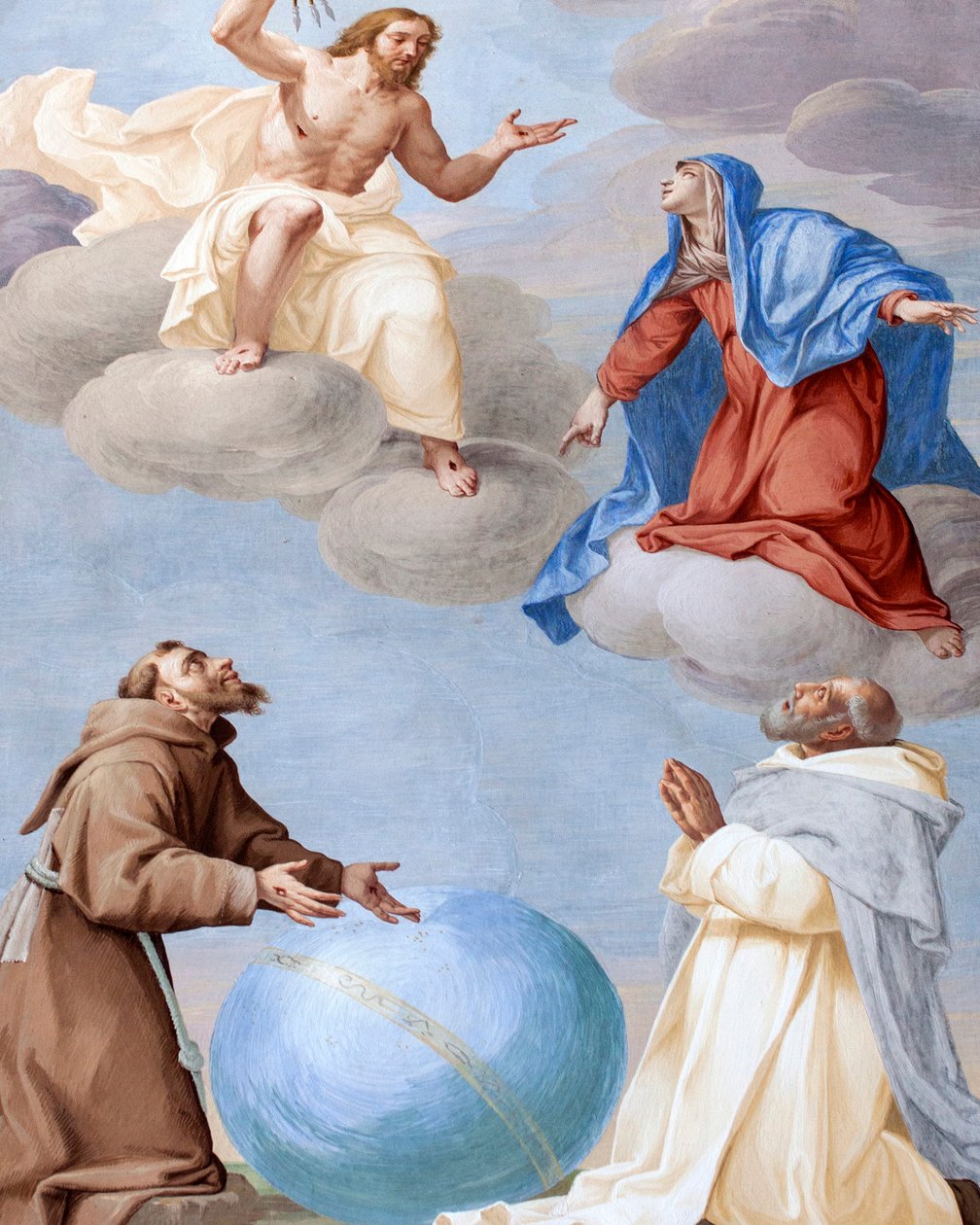 São Francisco, São Damião e Maria intercedendo pela humanidade convencendo a Justiça Divina a não disparar suas flechas sobre o mundo, afresco de Antonio Busca (1625-1684), 20ª Capela, São Francisco canonizado pelo Papa Gregório IX, de Antonio Busca