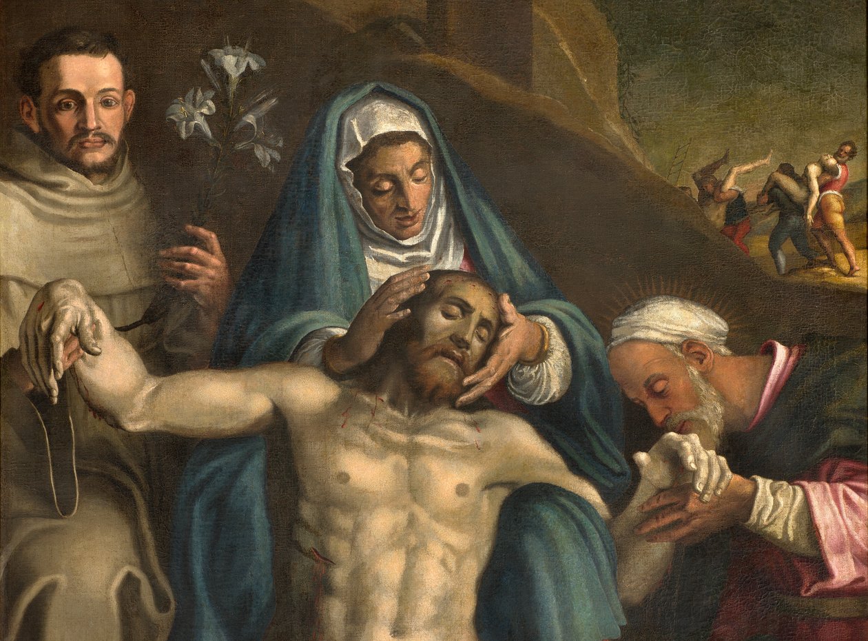 Transept Norte, Altar da Deposição, Deposição de Cristo apoiado pela Virgem e Santos Raymond e Anthony de Pádua, Antonio Campi 1566, Detalhe Altarpiece de Antonio Campi
