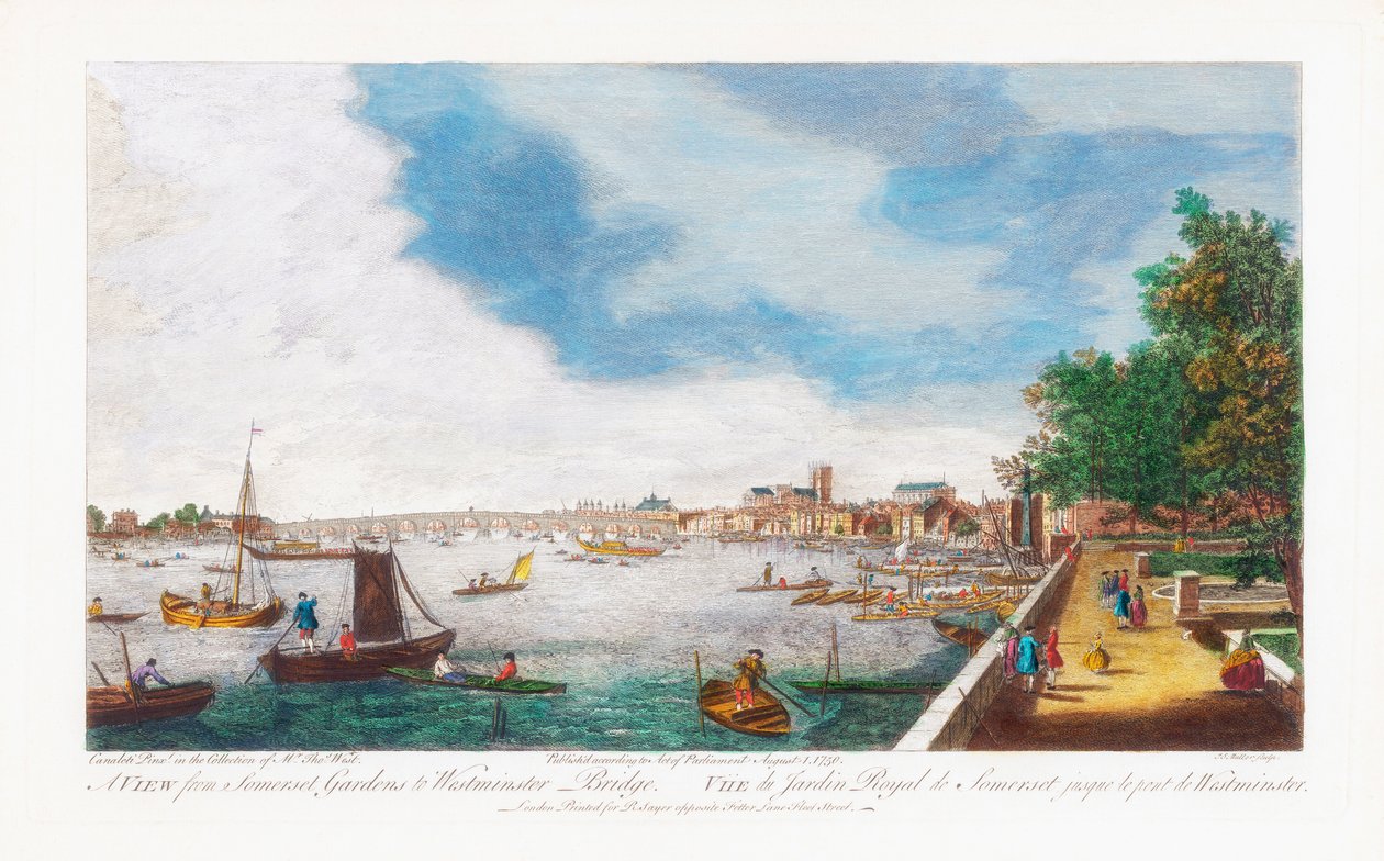Uma vista dos jardins de Somerset até a ponte de Westminster, gravada por John Miller, 1750 de Giovanni Antonio Canal